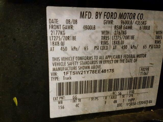 1FTSW21Y78EE48175 - 2008 FORD F250 SUPER GREEN photo 10