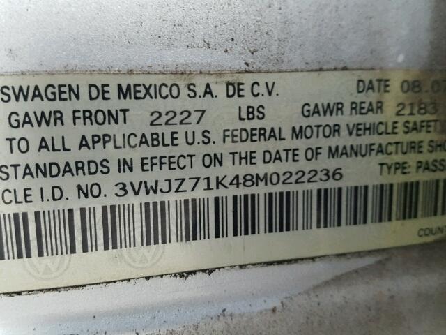 3VWJZ71K48M022236 - 2008 VOLKSWAGEN JETTA S 银色 照片 10