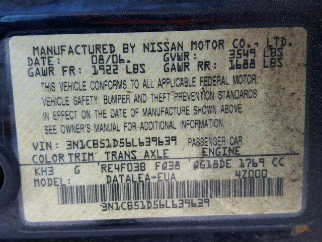 3N1CB51D56L639639 - 2006 NISSAN SENTRA 1.8 BLACK photo 10