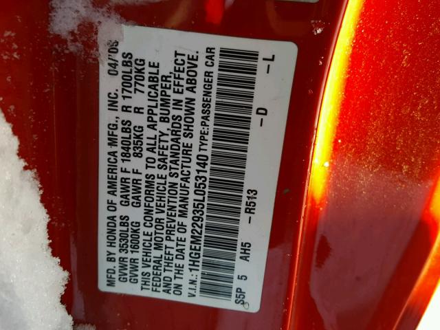 1HGEM22935L053140 - 2005 HONDA CIVIC EX RED photo 10