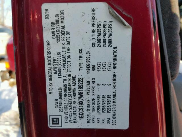 1GCCS19X7W8189222 - 1998 CHEVROLET S TRUCK S1 RED photo 10