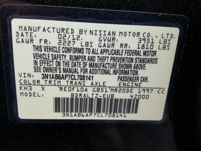 3N1AB6AP7CL708141 - 2012 NISSAN SENTRA 2.0 BLACK photo 10