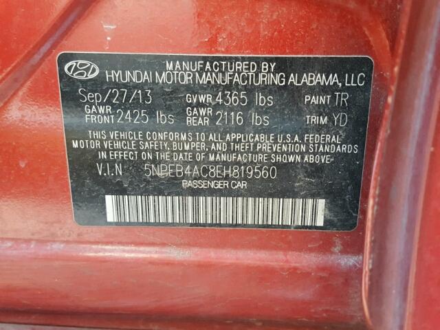 5NPEB4AC8EH819560 - 2014 HYUNDAI SONATA GLS RED photo 10