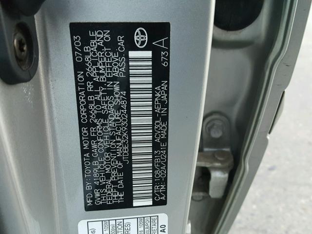 JTDBE32K930244874 - 2003 TOYOTA CAMRY LE 银色 照片 10