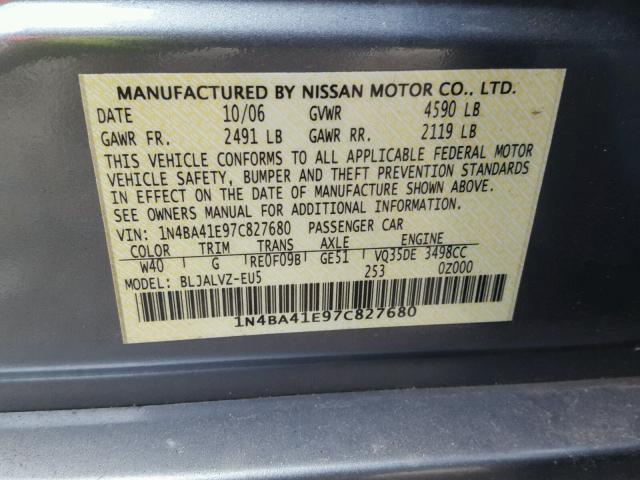 1N4BA41E97C827680 - 2007 NISSAN MAXIMA SE GRAY photo 10