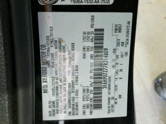 3FAHP07Z77R214809 - 2007 FORD FUSION SE BLACK photo 10