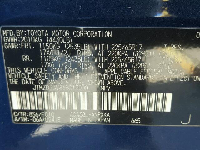 JTMZD33V865013000 - 2006 TOYOTA RAV4 BLUE photo 10