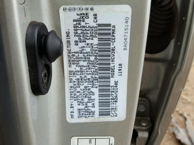 4T1BF32K72U002911 - 2002 TOYOTA CAMRY LE SILVER photo 10