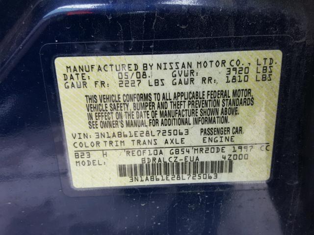 3N1AB61E28L725063 - 2008 NISSAN SENTRA 2.0 BLUE photo 10