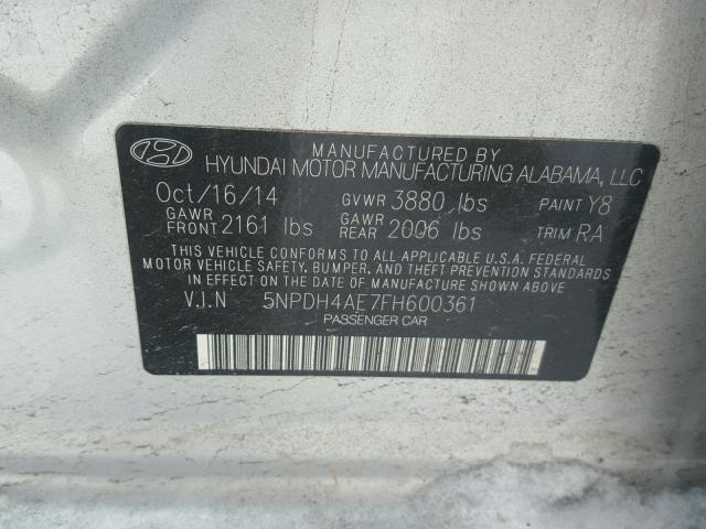 5NPDH4AE7FH600361 - 2015 HYUNDAI ELANTRA SE SILVER photo 10