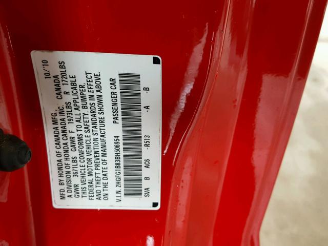 2HGFG1B83BH506954 - 2011 HONDA CIVIC EX RED photo 10