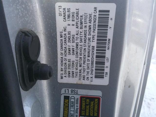 2HGFG3B82DH524568 - 2013 HONDA CIVIC EX ვერცხლისფერი ფოტო 10