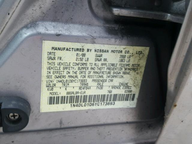 1N4DL01D6YC173693 - 2000 NISSAN ALTIMA XE BEIGE photo 10