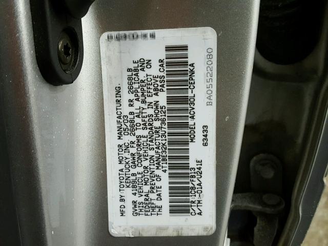 4T1BE32K13U736125 - 2003 TOYOTA CAMRY LE SILVER photo 10