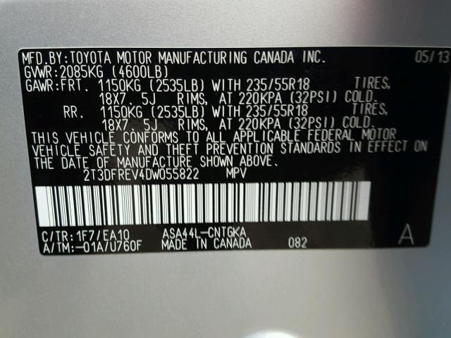 2T3DFREV4DW055822 - 2013 TOYOTA RAV4 LIMIT SILVER photo 10