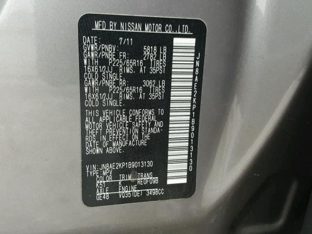 JN8AE2KP1B9013130 - 2011 NISSAN QUEST S GRAY photo 10