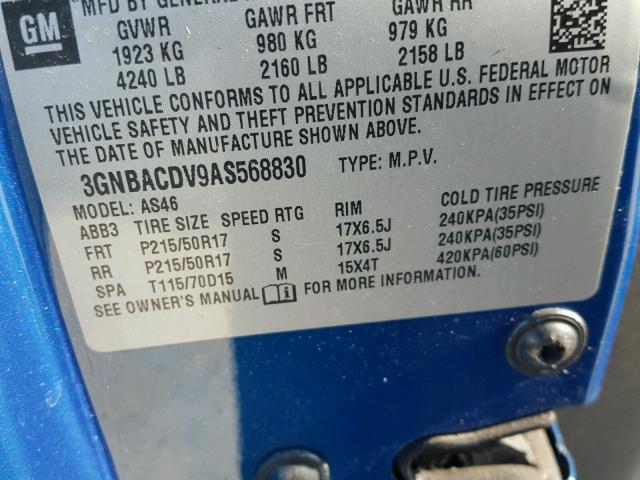 3GNBACDV9AS568830 - 2010 CHEVROLET HHR LT BLUE photo 10