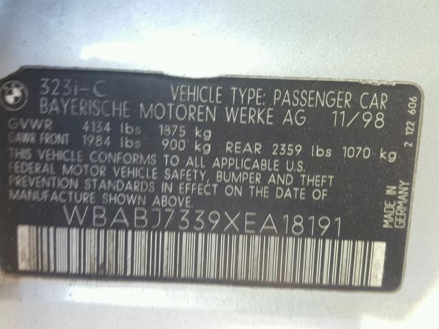 WBABJ7339XEA18191 - 1999 BMW 323 IC SILVER photo 10