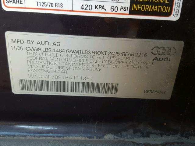 WAUMF78P16A111361 - 2006 AUDI A3 2.0 SPO PURPLE photo 10