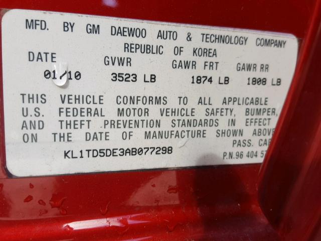 KL1TD5DE3AB077298 - 2010 CHEVROLET AVEO LS RED photo 10