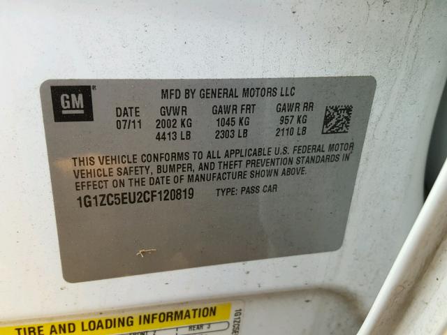 1G1ZC5EU2CF120819 - 2012 CHEVROLET MALIBU 1LT 白色 照片 10