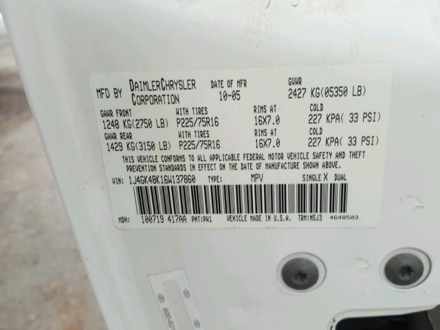 1J4GK48K16W137860 - 2006 JEEP LIBERTY SP WHITE photo 10