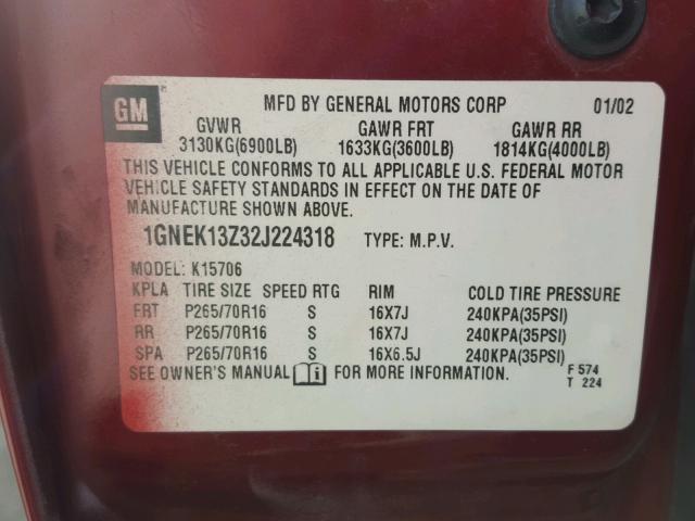 1GNEK13Z32J224318 - 2002 CHEVROLET TAHOE K150 BURGUNDY photo 10