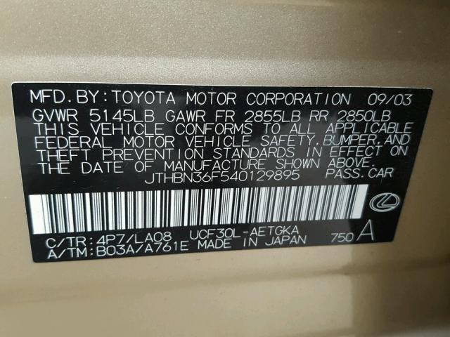 JTHBN36F540129895 - 2004 LEXUS LS 430 TAN photo 10