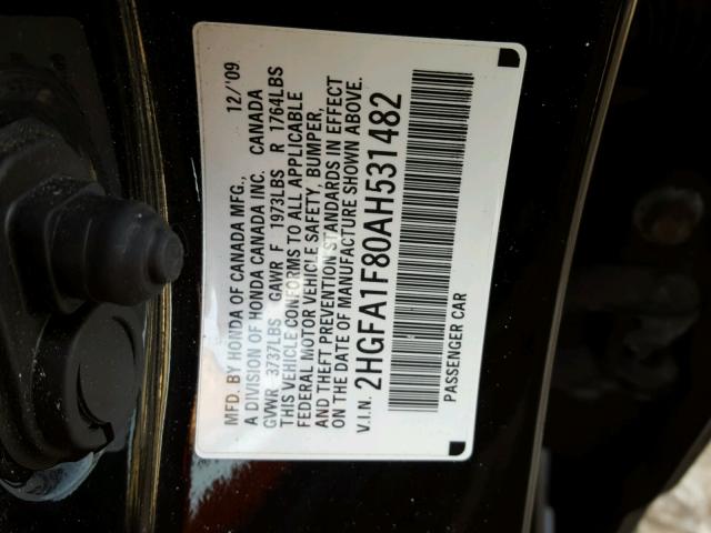 2HGFA1F80AH531482 - 2010 HONDA CIVIC EX შავი ფოტო 10
