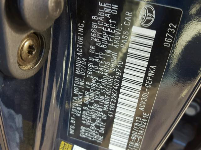 4T1BE32K74U319710 - 2004 TOYOTA CAMRY LE Blau Foto 10