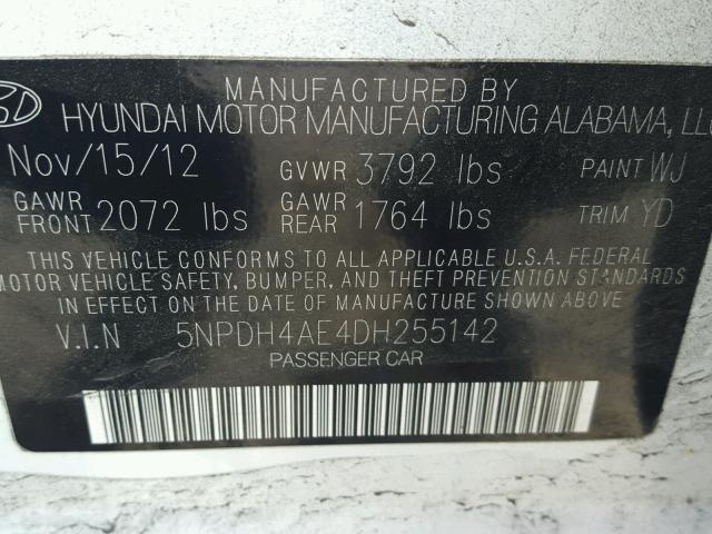 5NPDH4AE4DH255142 - 2013 HYUNDAI ELANTRA GL WHITE photo 10