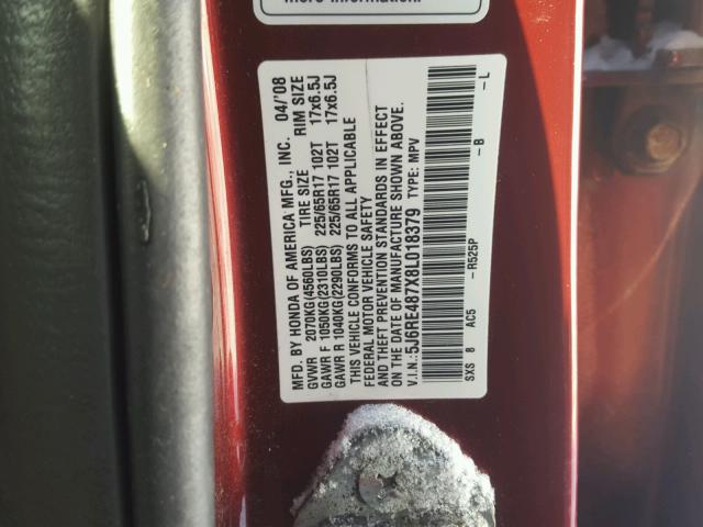 5J6RE487X8L018379 - 2008 HONDA CR-V EXL RED photo 10