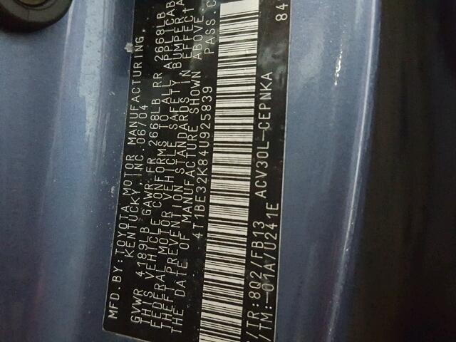 4T1BE32K84U925839 - 2004 TOYOTA CAMRY LE ლურჯი ფოტო 10