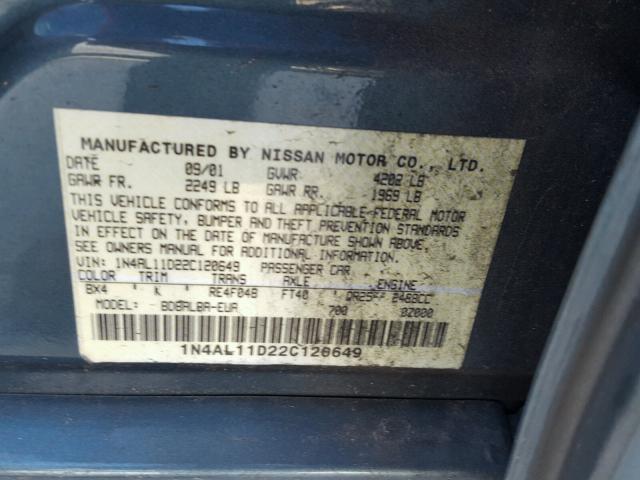 1N4AL11D22C120649 - 2002 NISSAN ALTIMA BAS BLUE photo 10