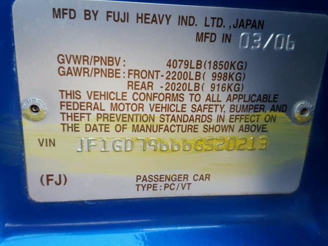 JF1GD79666G520213 - 2006 SUBARU IMPREZA WR BLUE photo 10