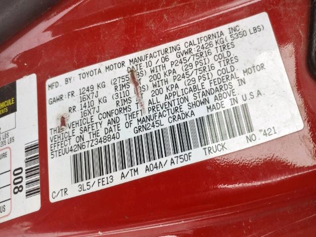 5TEUU42N67Z348840 - 2007 TOYOTA TACOMA ACC RED photo 10