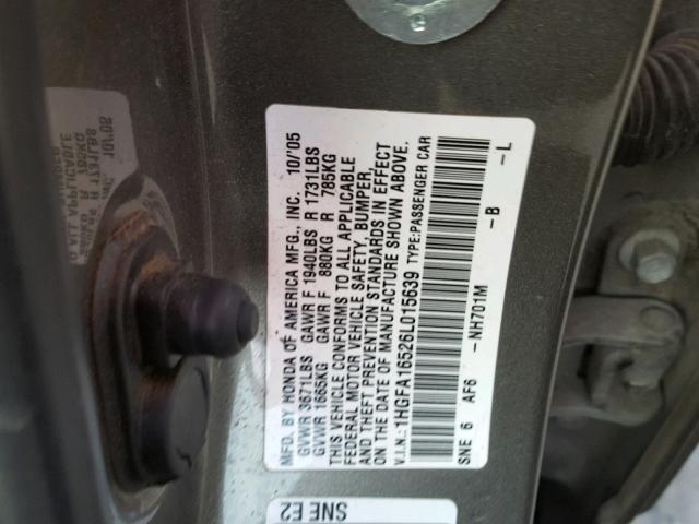 1HGFA16526L015639 - 2006 HONDA CIVIC LX GRAY photo 10