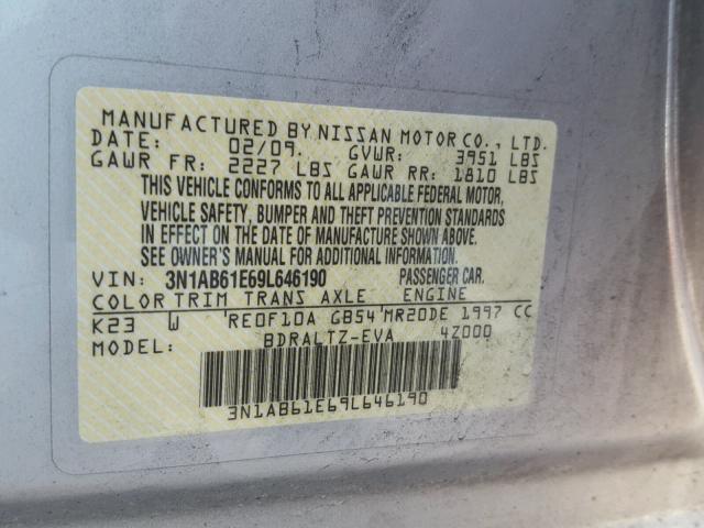 3N1AB61E69L646190 - 2009 NISSAN SENTRA 2.0 SILVER photo 10