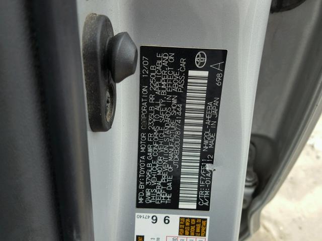 JTDKB20U787741444 - 2008 TOYOTA PRIUS SILVER photo 10