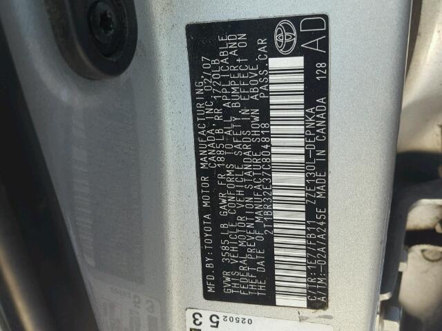 2T1BR32E37C804818 - 2007 TOYOTA COROLLA CE SILVER photo 10