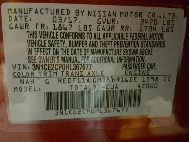 3N1CE2CP0HL367677 - 2017 NISSAN VERSA NOTE MAROON photo 10