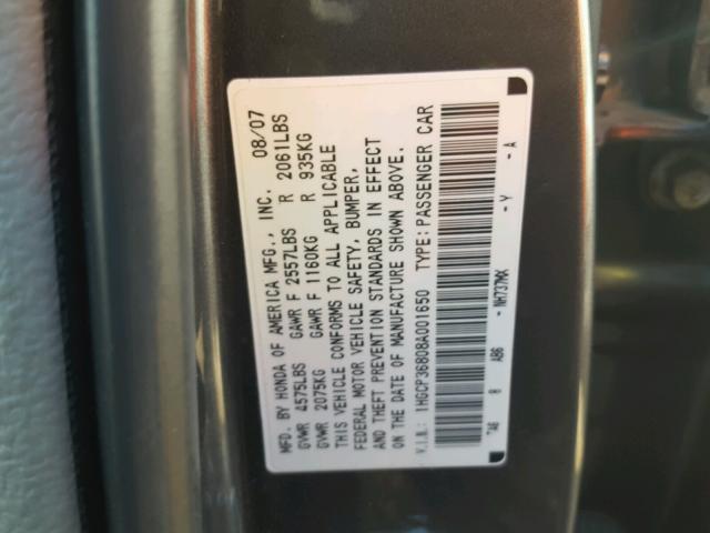 1HGCP36808A001650 - 2008 HONDA ACCORD EXL GRAY photo 10