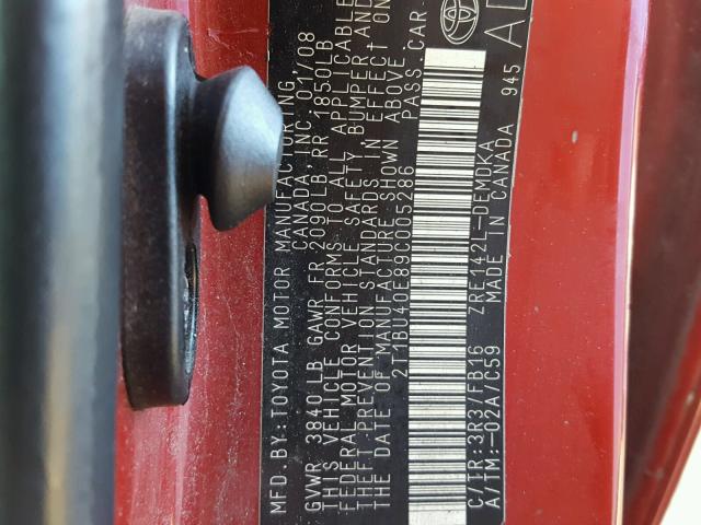 2T1BU40E89C005286 - 2009 TOYOTA COROLLA BA RED photo 10