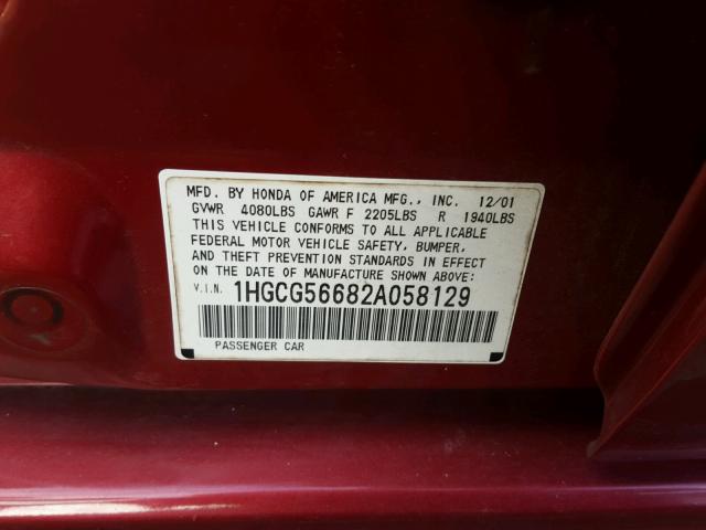 1HGCG56682A058129 - 2002 HONDA ACCORD EX RED photo 10