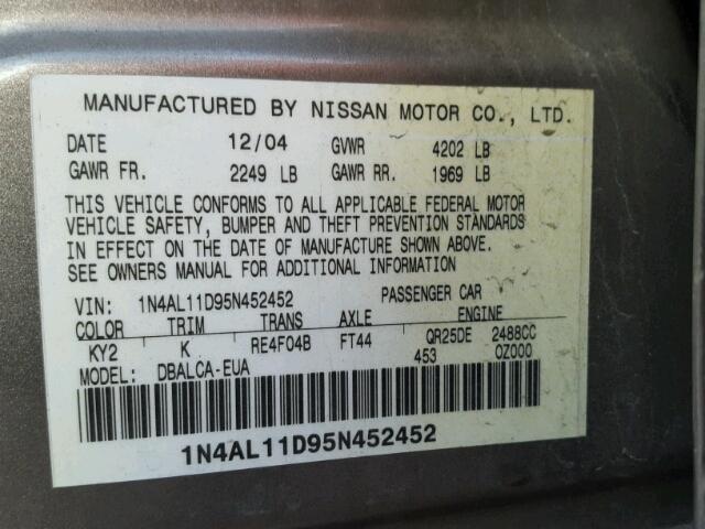 1N4AL11D95N452452 - 2005 NISSAN ALTIMA S GRAY photo 10