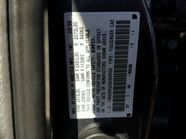 19UUA66246A040502 - 2006 ACURA 3.2TL GRAY photo 10