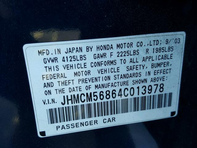 JHMCM56864C013978 - 2004 HONDA ACCORD EX BLUE photo 10