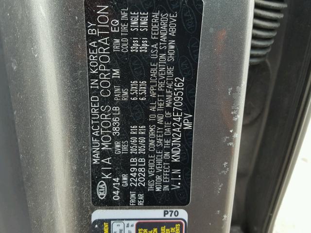 KNDJN2A24E7095162 - 2014 KIA SOUL GRAY photo 10