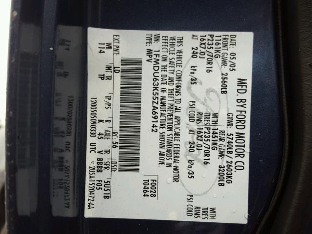 1FMDU63K55ZA69142 - 2005 FORD EXPLORER X BLUE photo 10