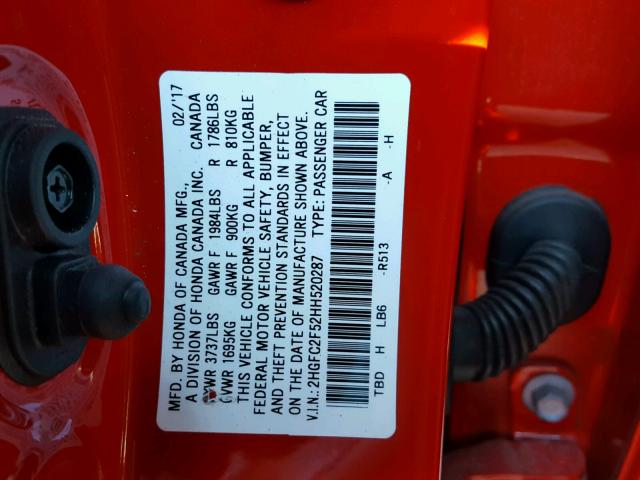 2HGFC2F52HH520287 - 2017 HONDA CIVIC LX RED photo 10